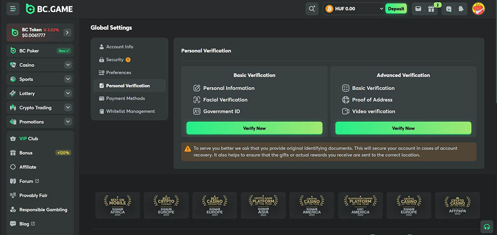 BC.Game verify new account